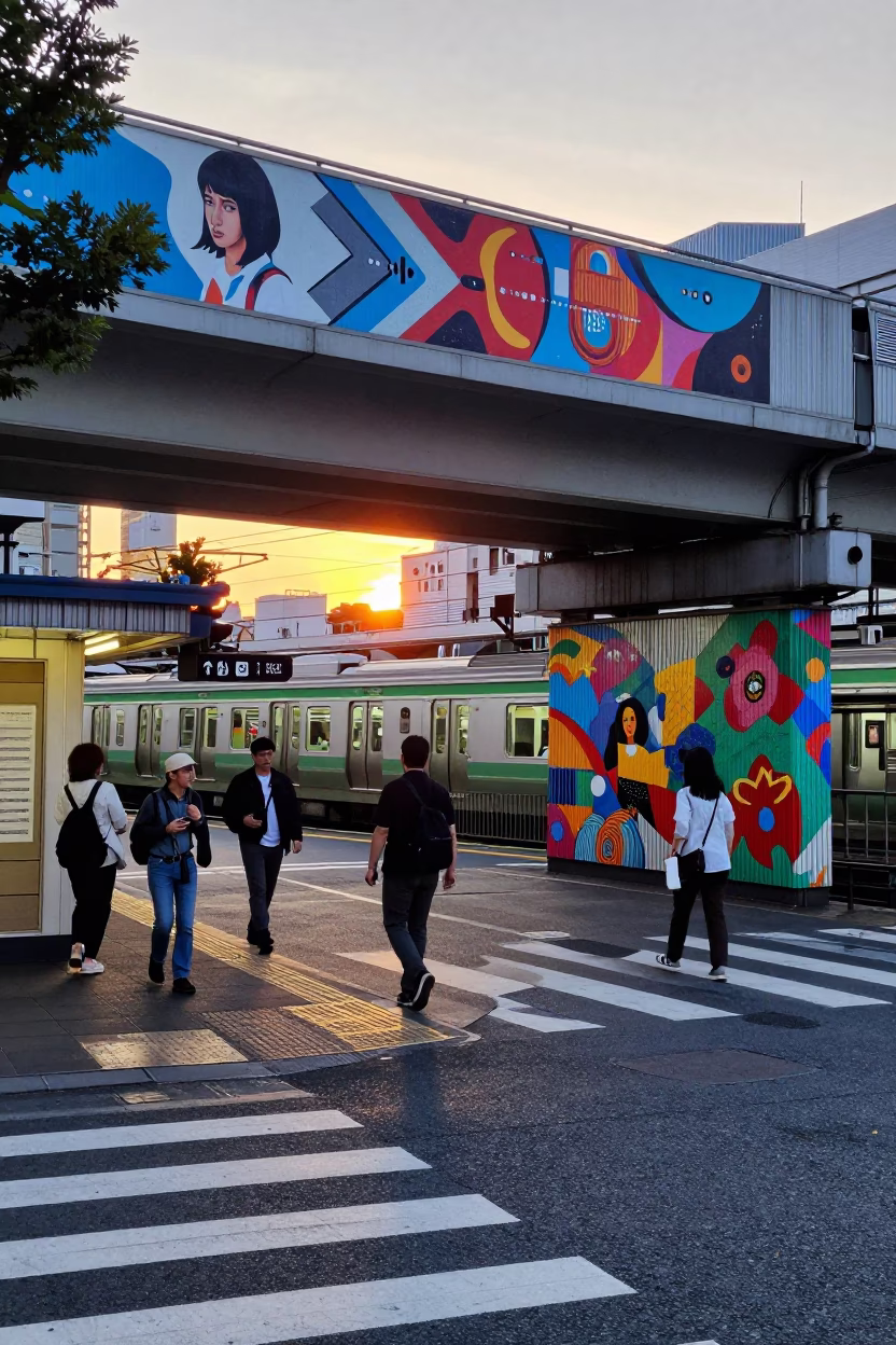 Evening Tokyo Street Scene with Subway Art and Local Diners in Japan in in Tokyo, Japan