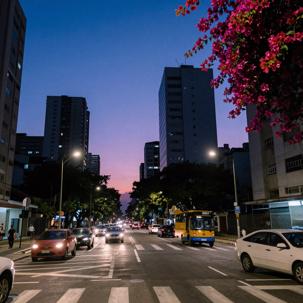 Evening Traffic and Bougainvillea in São Paulo Brazil Blue Hour in in São Paulo, Brazil