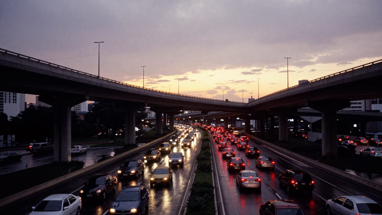 Evening traffic on São Paulo overpass interchange glowing with taillights after rain in in São Paulo, Brazil