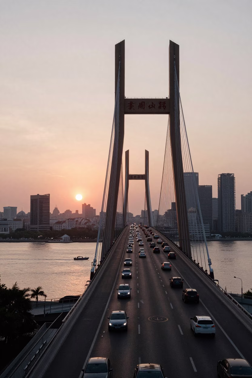 Evening traffic on Shanghai Nanpu Bridge with city skyline backdrop in in Shanghai, China