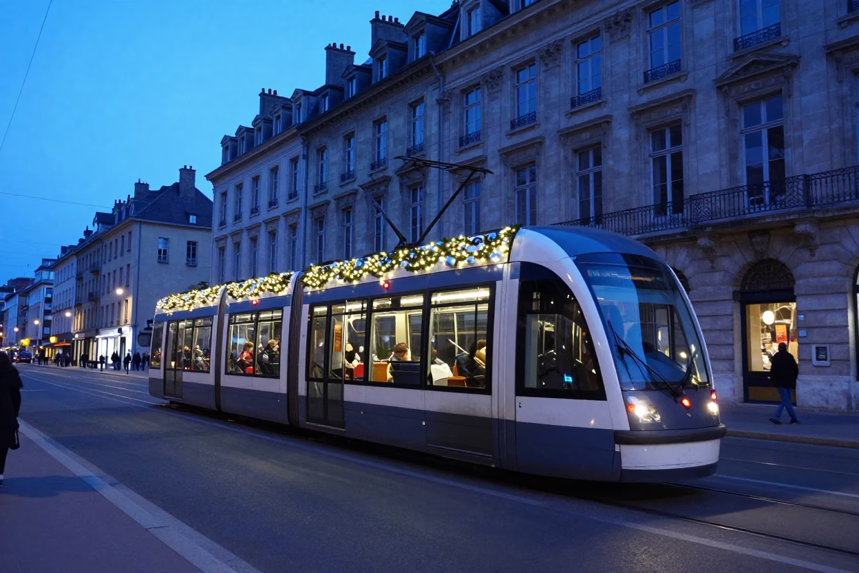 Evening Tram in Lyon at The Last Blue Light Of Evening in in Lyon, France