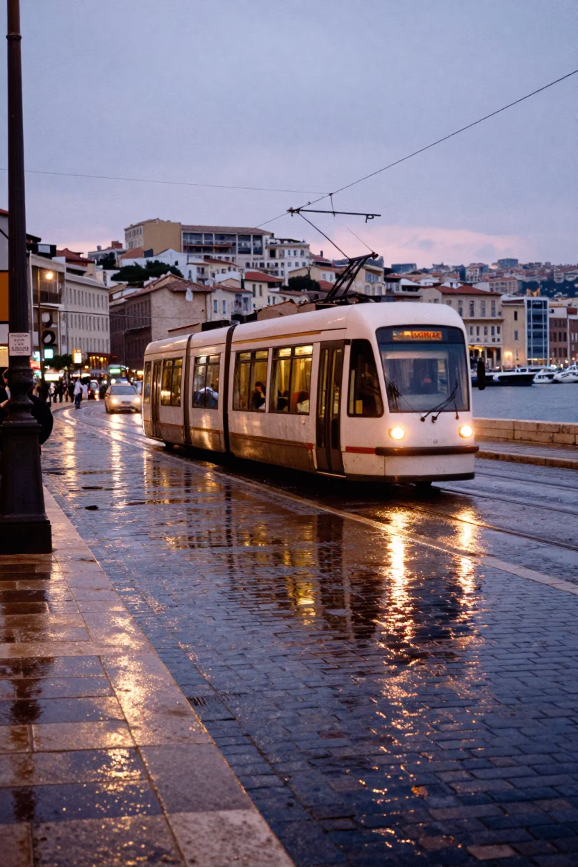 Evening Tram Reflection on Wet Cobblestones Near Marseille Old Port in in Marseille, France