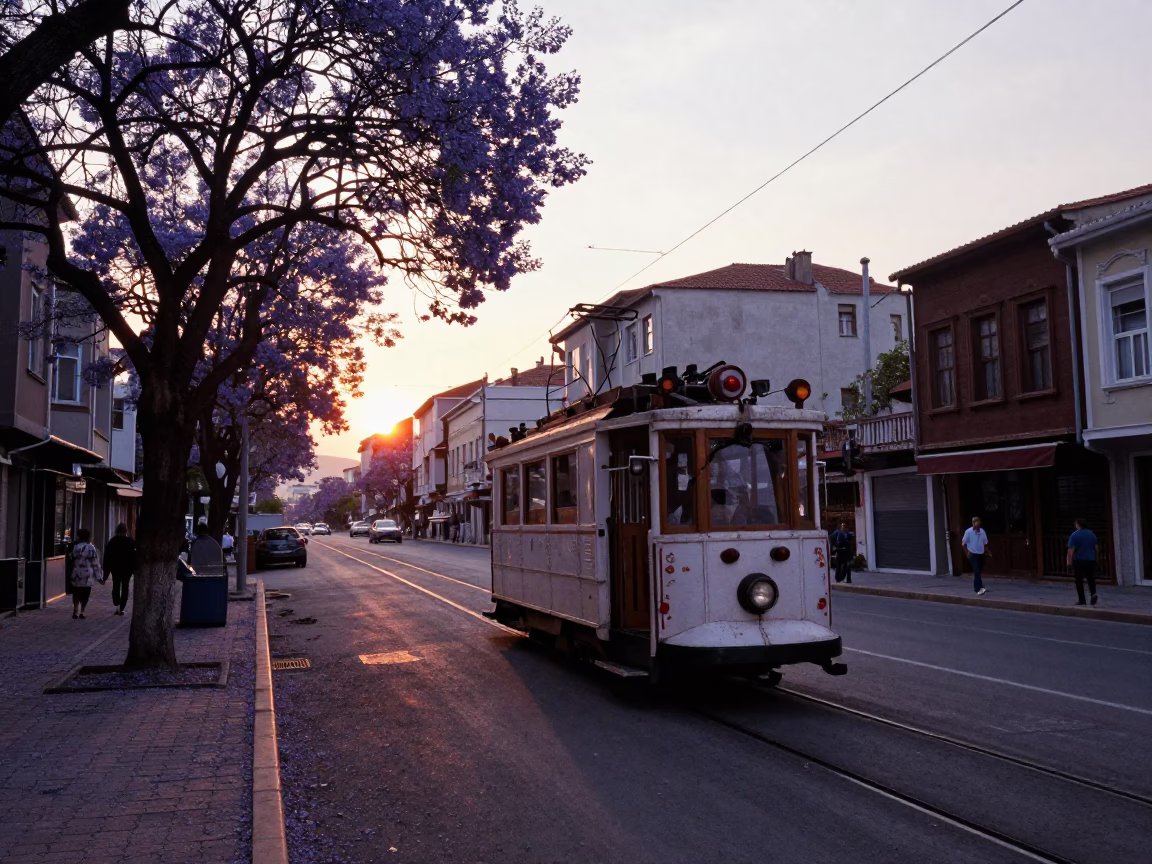 Evening Tram Scene in Izmir Turkey with Jacaranda Tree and Local Life in in Izmir, Turkey