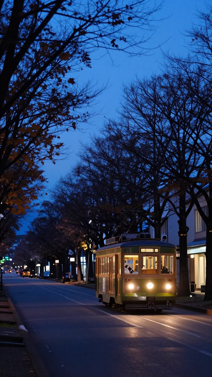 Evening Tramcar on Tree-Lined Boulevard in Sapporo Japan Blue Hour in in Sapporo, Japan