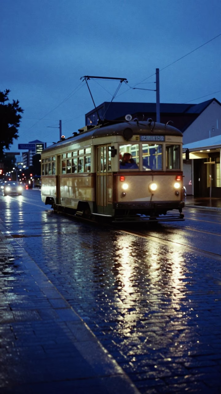 Evening tramcar reflection on wet cobblestones in Adelaide South Australia in in Adelaide, South Australia, Australia