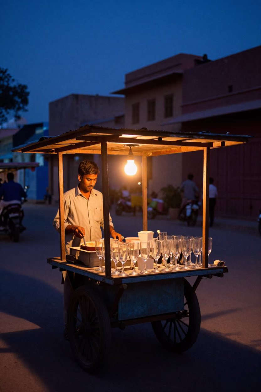 Evening Twilight Street Scene in Jaipur India with Chai Stall and Scooter Traffic in in Jaipur, India