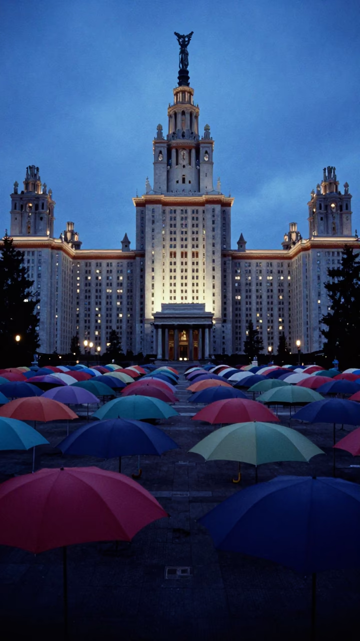 Evening Umbrellas in Budapest University Courtyard Under Twilight Blue Light in in Budapest, Hungary