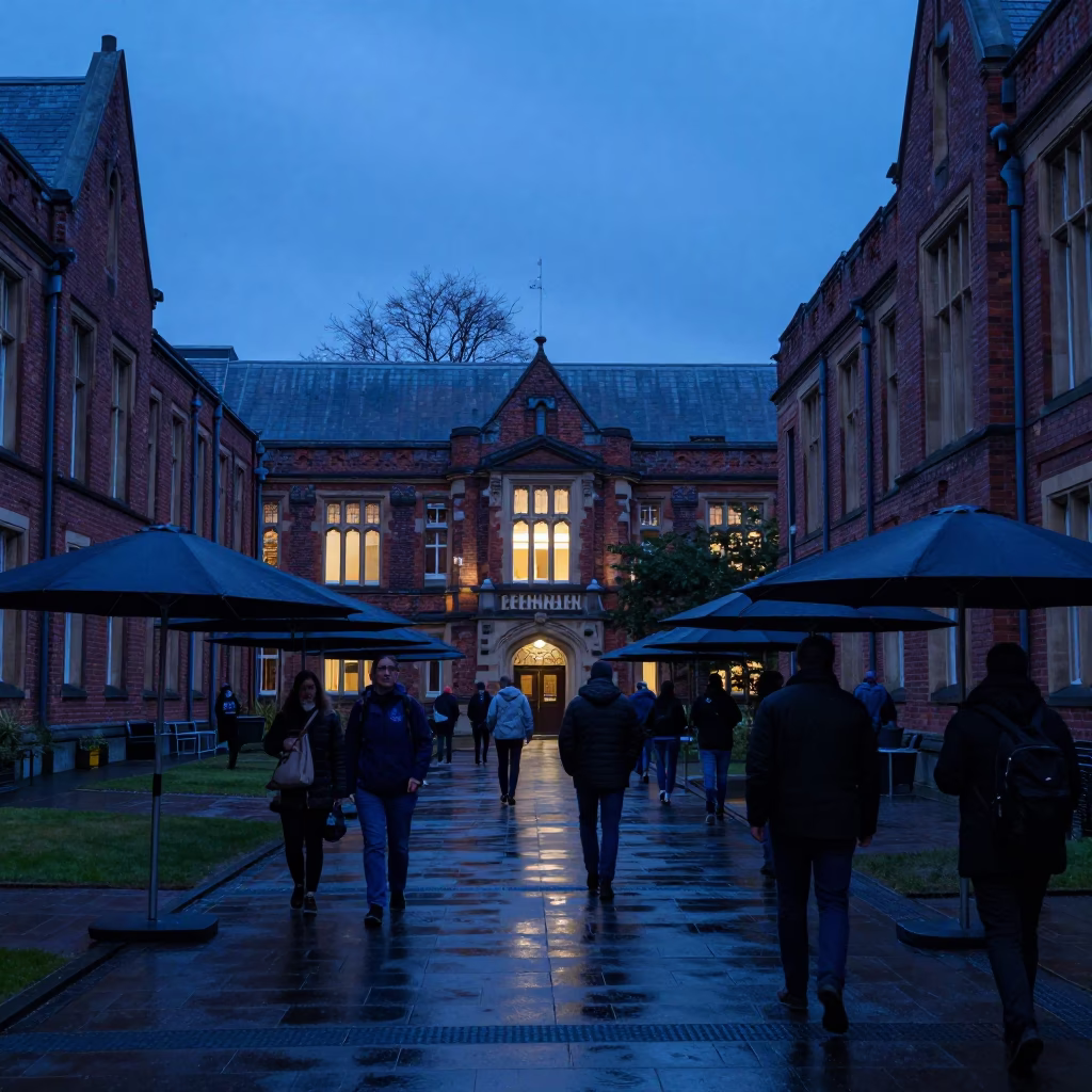 Evening Umbrellas in Christchurch University Courtyard Under Blue Light in in Christchurch, New Zealand