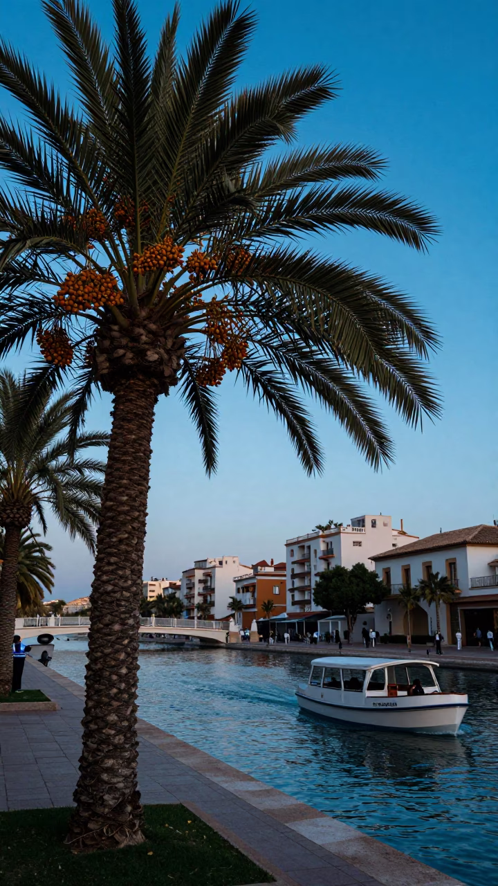 Evening Valencia Date Palm and Water Taxi Canal Scene in in Valencia, Spain