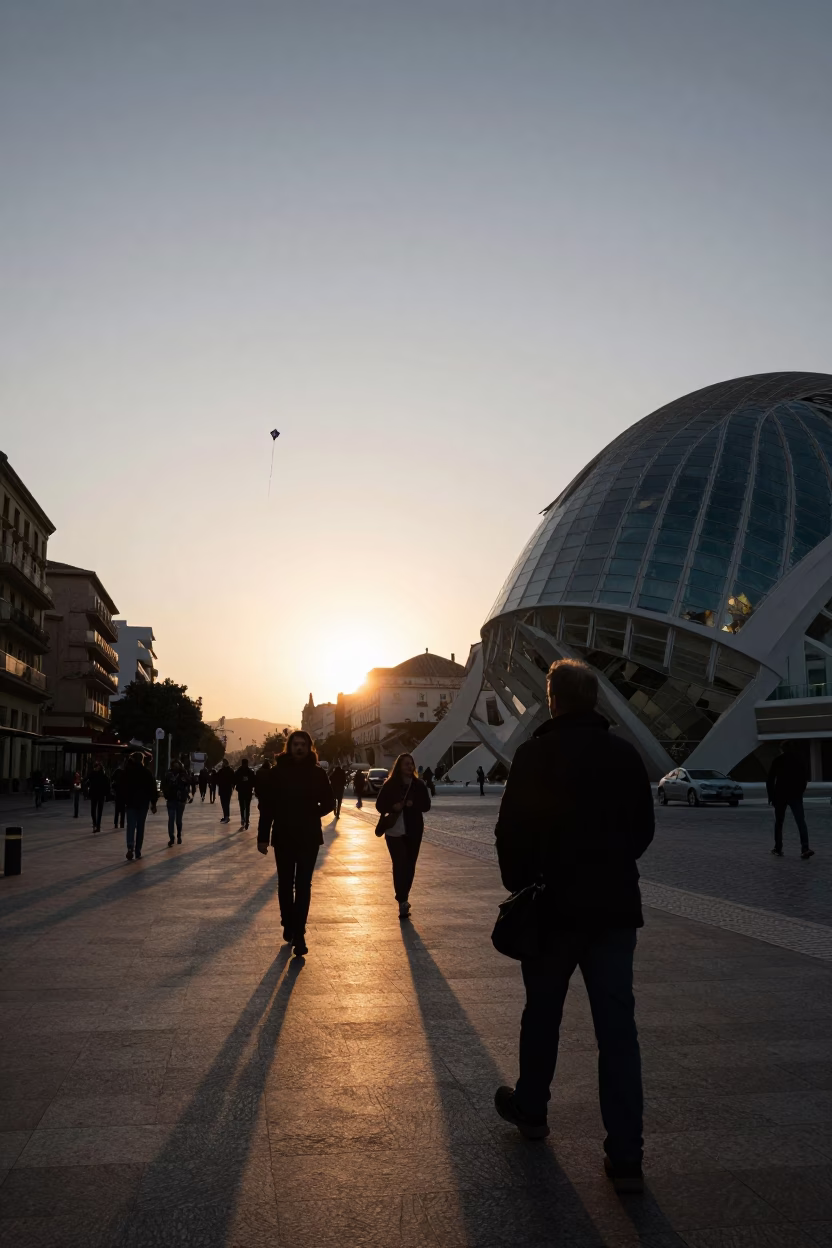 Evening Valencia Street Scene with Kites and Modern Glass Architecture at Sunset in in Valencia, Spain
