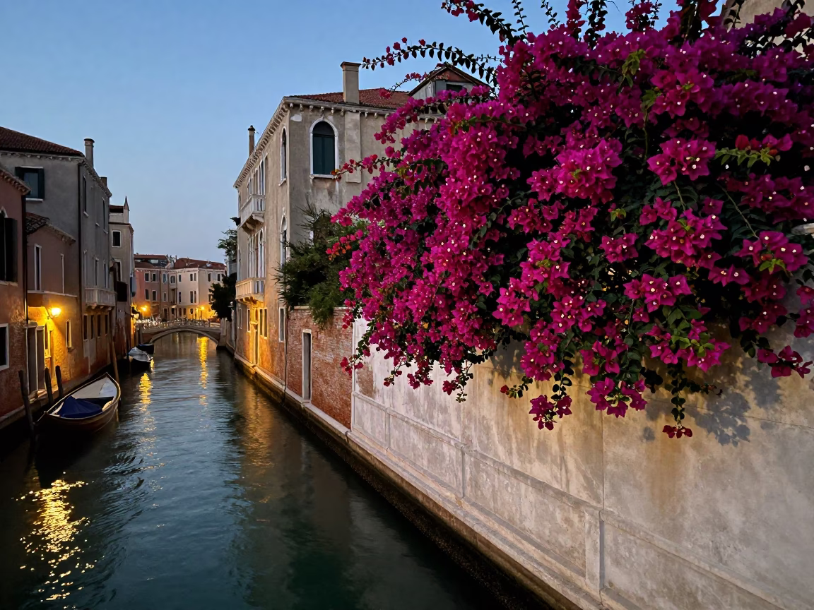 Evening Venice Canal Scene with Bougainvillea and Traditional Architecture in in Venice, Italy