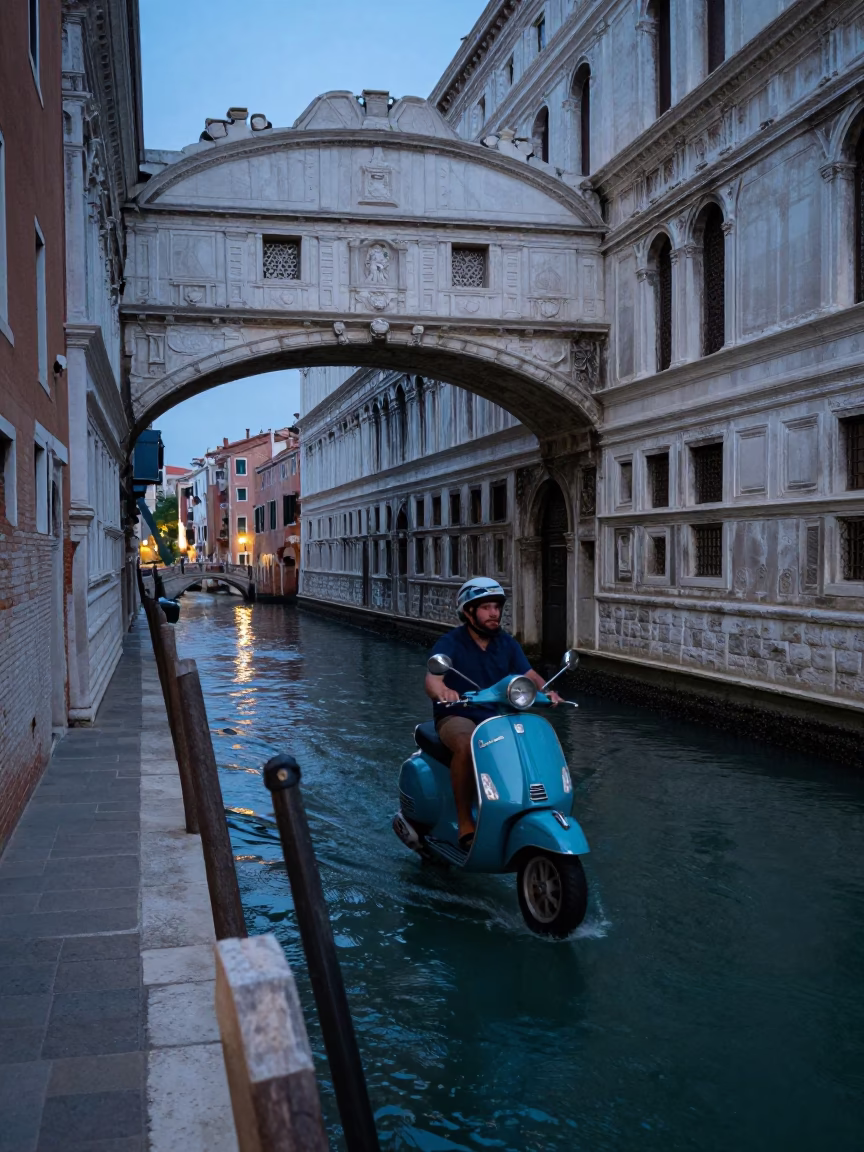 Evening Venice Canal Scene with Scooter and Historic Bridge at Blue Hour in in Venice, Italy