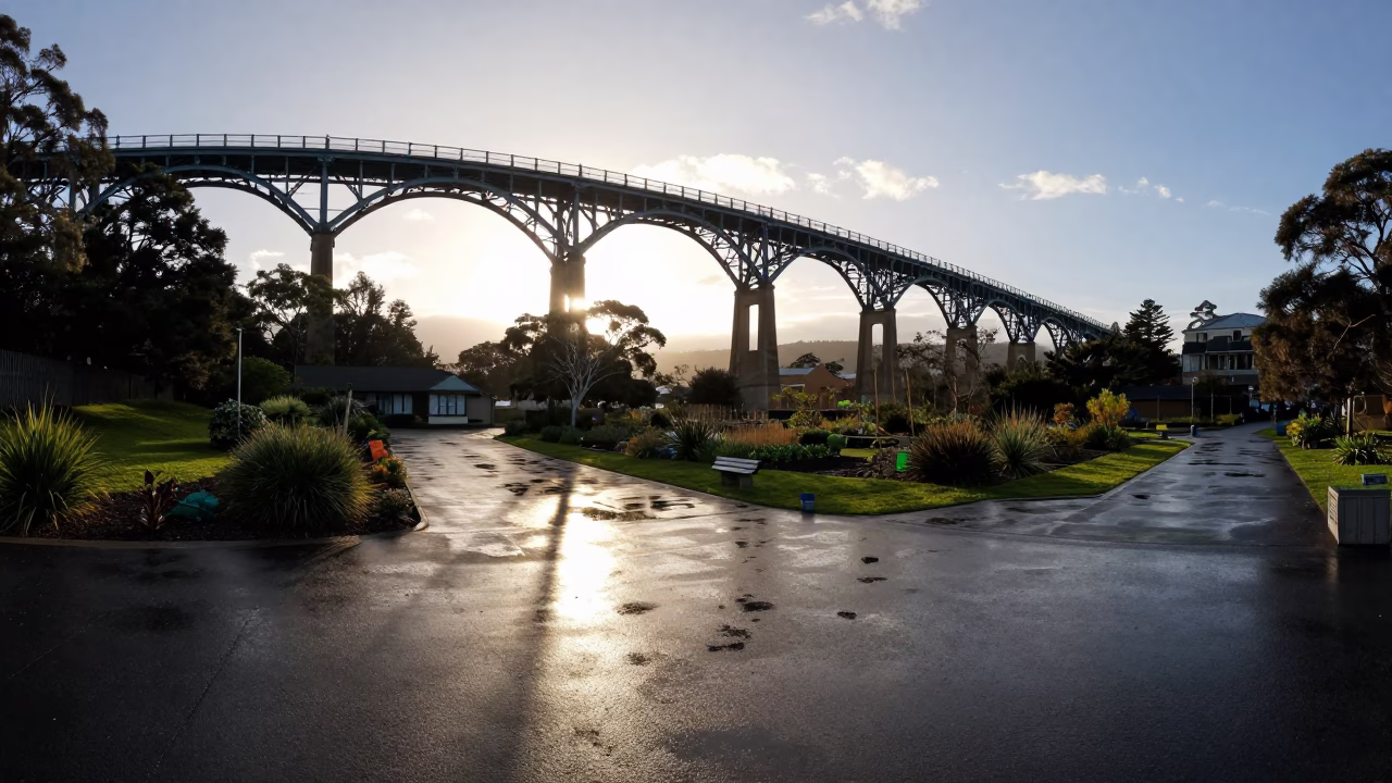 Evening Viaduct Shadow Over Hobart Allotment Gardens After Rain in in Hobart, Tasmania, Australia
