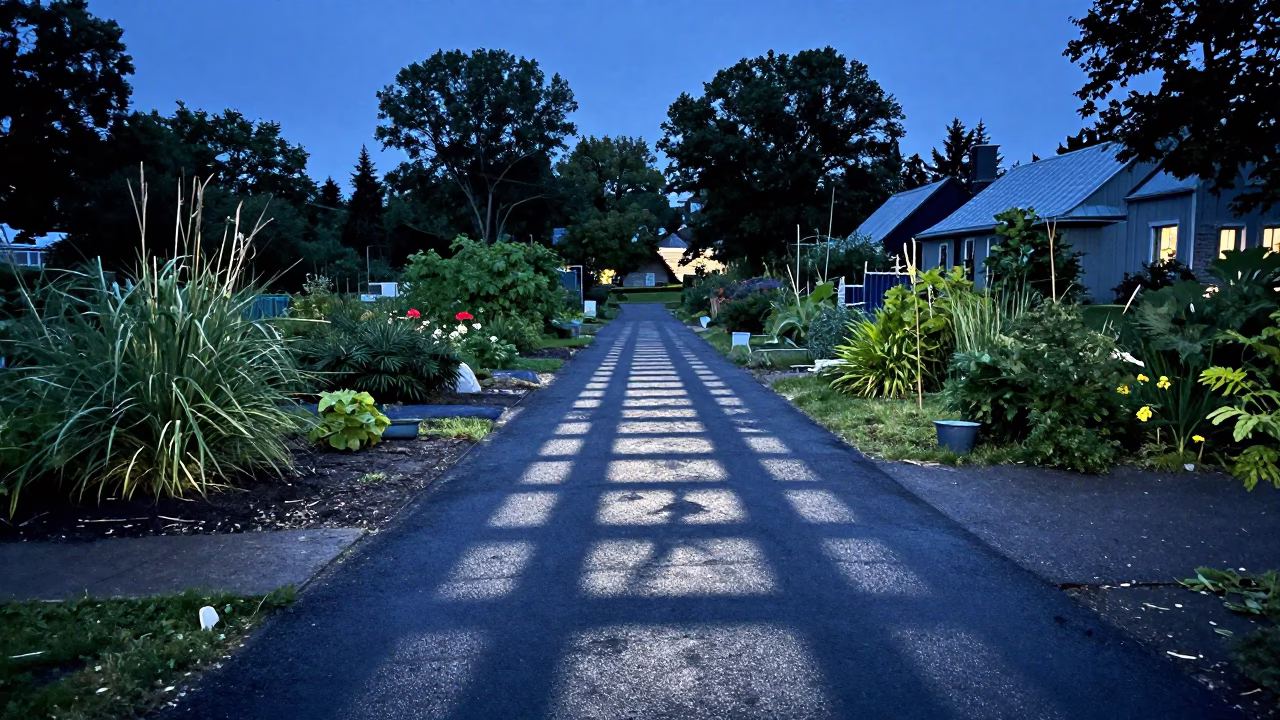 Evening Viaduct Shadow Over Rain-Washed Quebec City Allotment Gardens in in Quebec City, Quebec, Canada