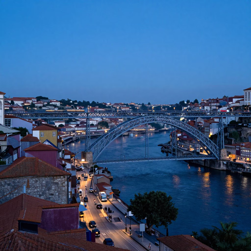 Evening Viaduct Train Passing Over Porto Portugal Street Scene in in Porto, Portugal