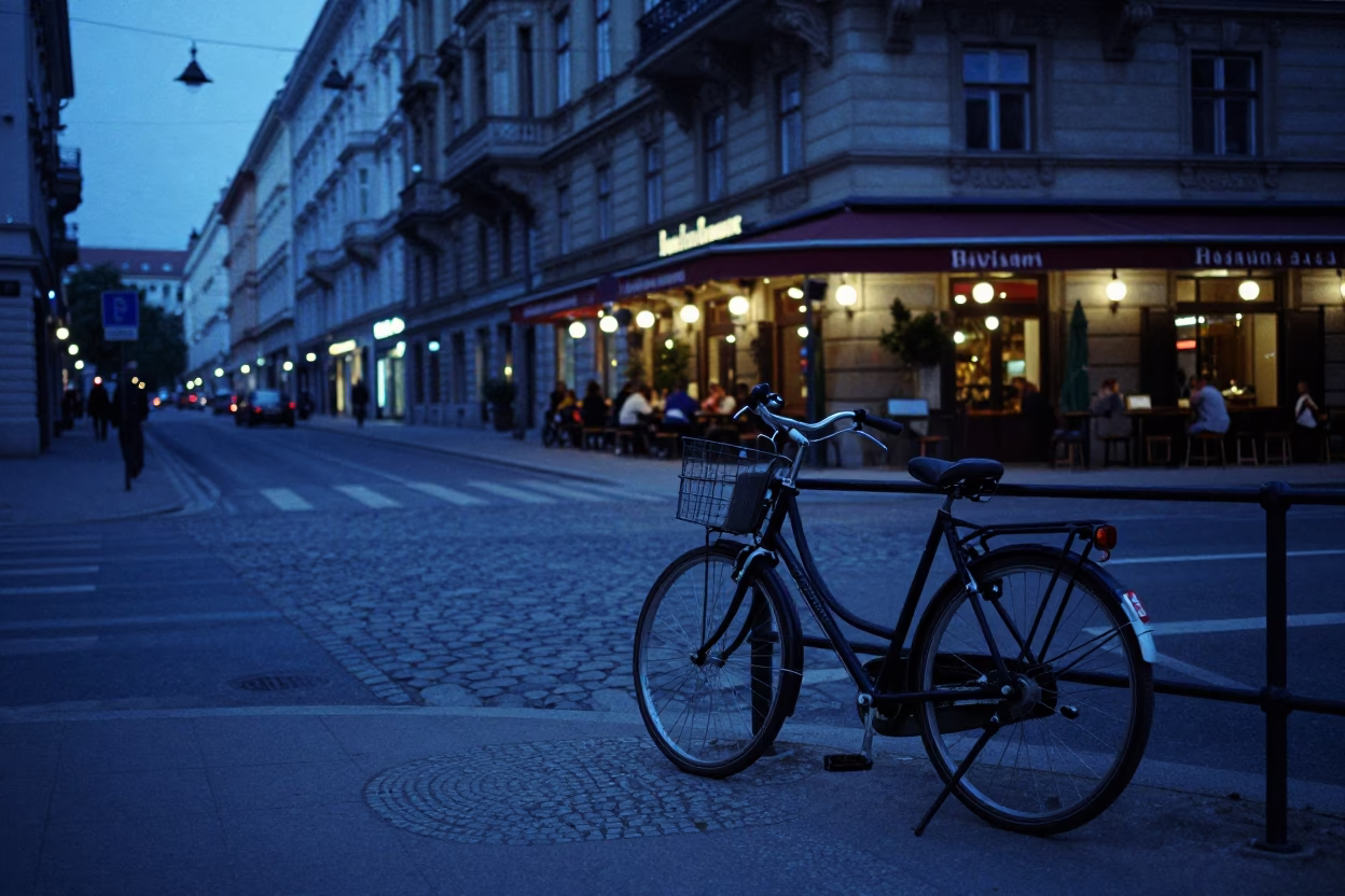 Evening Vienna Street Scene with Bicycle and Cafe in Blue Hour Light in in Vienna, Austria