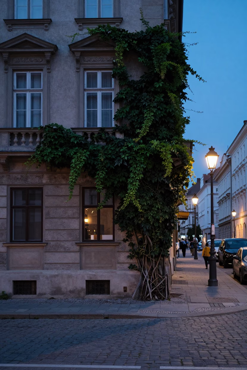 Evening Vienna Street Scene with Ivy Vines and Historic Architecture in in Vienna, Austria