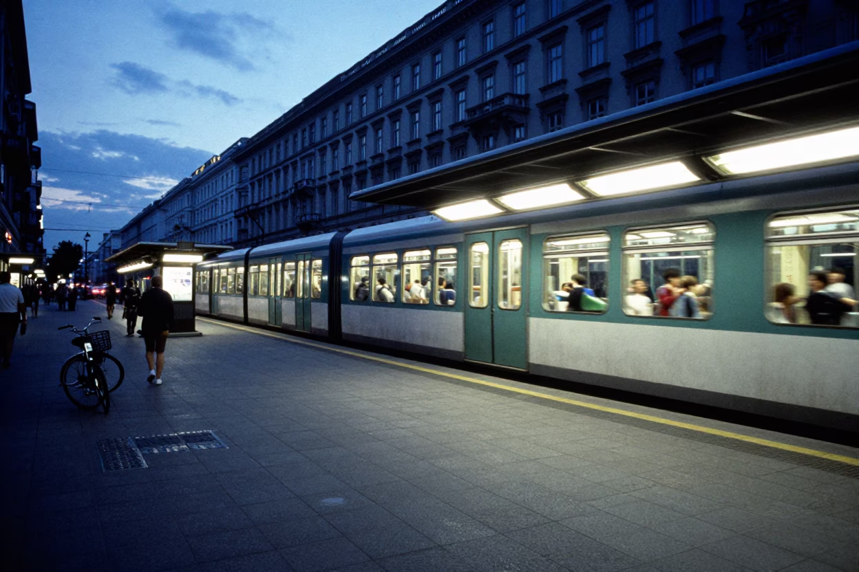 Evening Vienna Street Scene with Metro Train and Bicycle Rack in Blue Hour Light in in Vienna, Austria