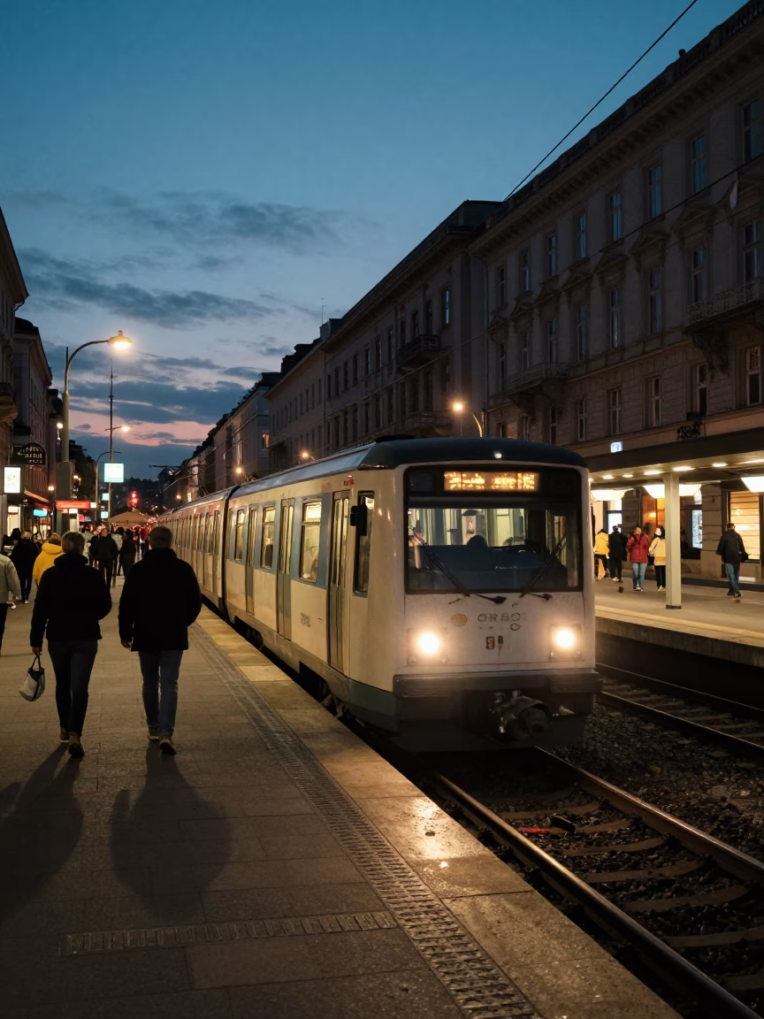 Evening Vienna Street Scene with Metro Train and Local Cafe Window Light in in Vienna, Austria