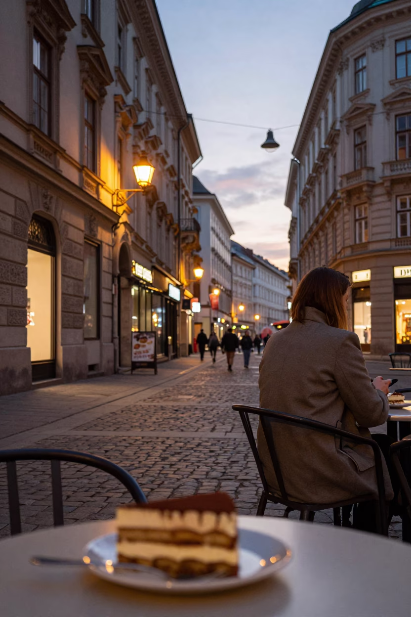 Evening Vienna Street Scene with Tiramisu Dessert and Urban Architecture in in Vienna, Austria