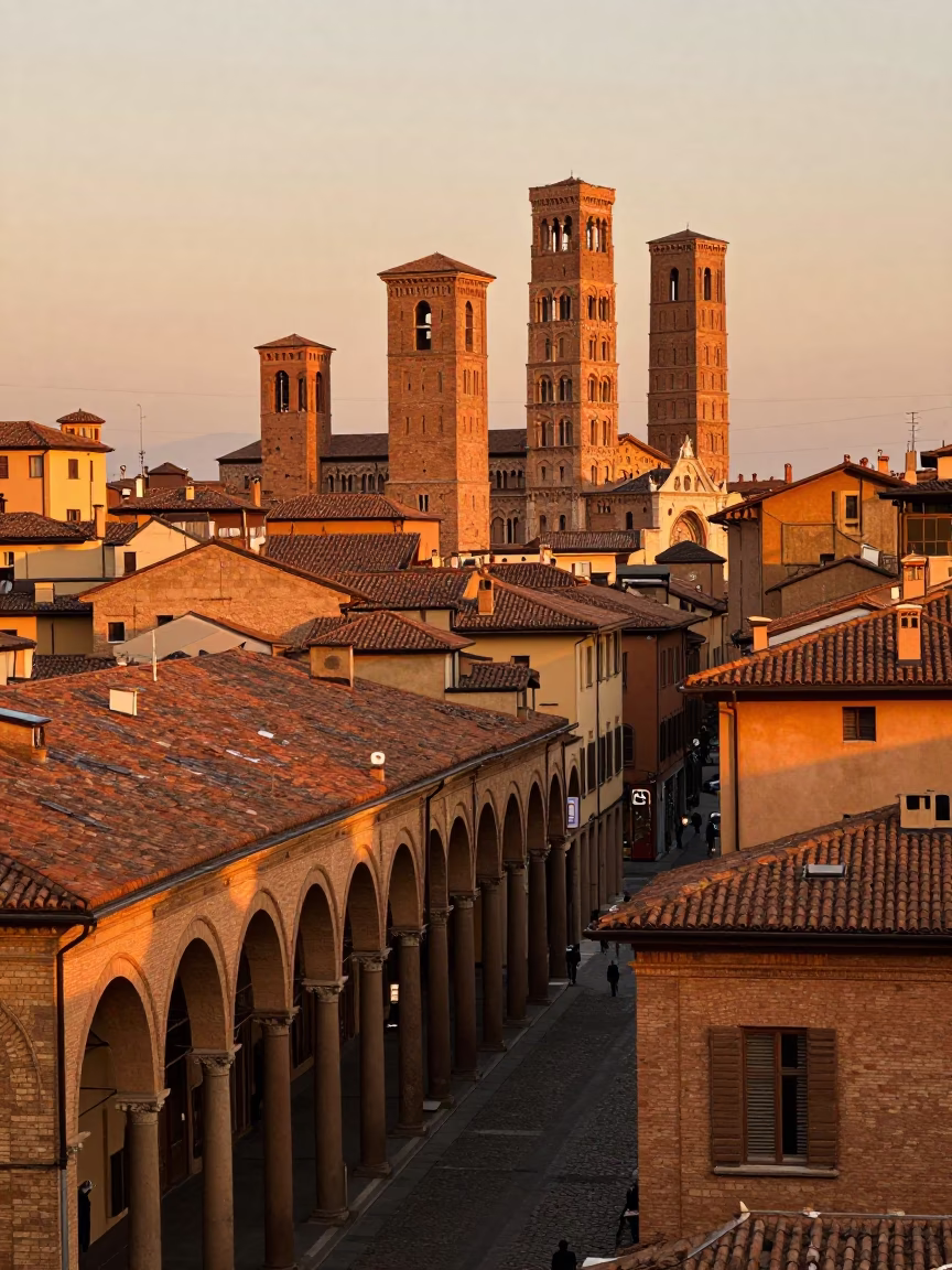 Evening View of Bologna Italy Porticoes and Street Life in in Bologna, Italy