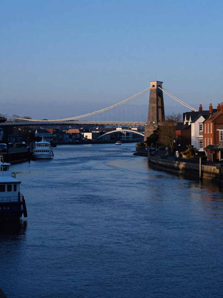Evening view of Bristol's Harbour and Clifton Suspension Bridge from the waterfront in in Bristol, United Kingdom