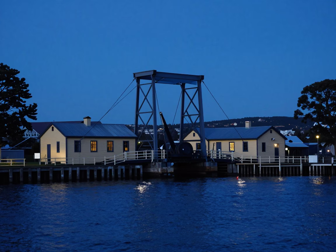 Evening View of Hobart Drawbridge Counterweight House Over Black Tidal Channel in Tasmania in in Hobart, Tasmania, Australia