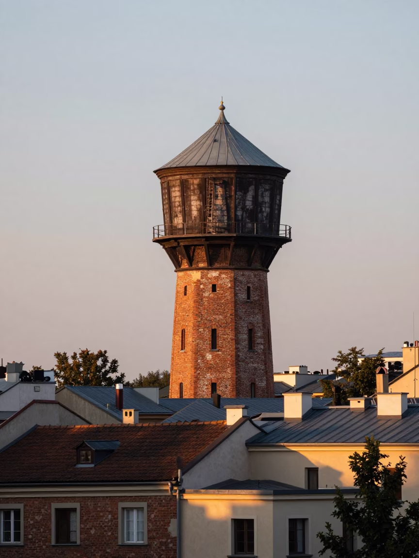 Evening View of Krakow Water Tower Rooftop and Historic Old Town Architecture in in Krakow, Poland