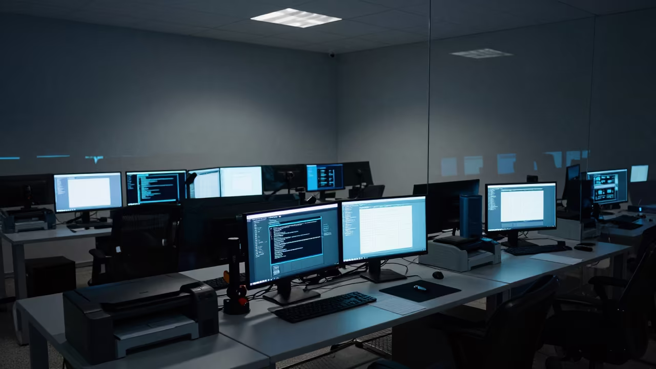 Evening War Room Operations Center Badajoz in in an operations center under monitor glow in Badajoz