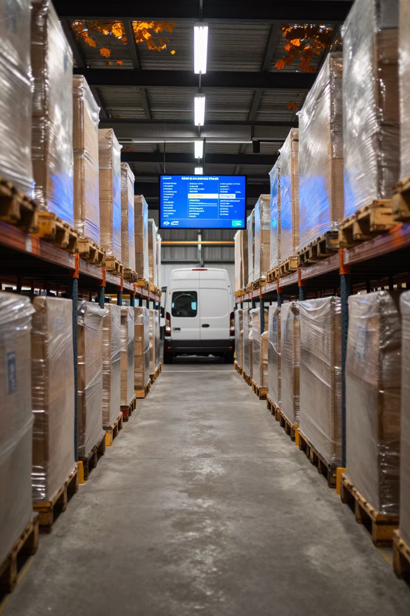 Evening Warehouse Aisle with Shrink Wrapped Pallets in inside a fulfillment packing zone near Sydney