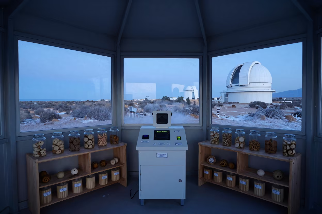 Evening Weather Station Panel and Plankton Jars in beside an observatory dome near Malaga