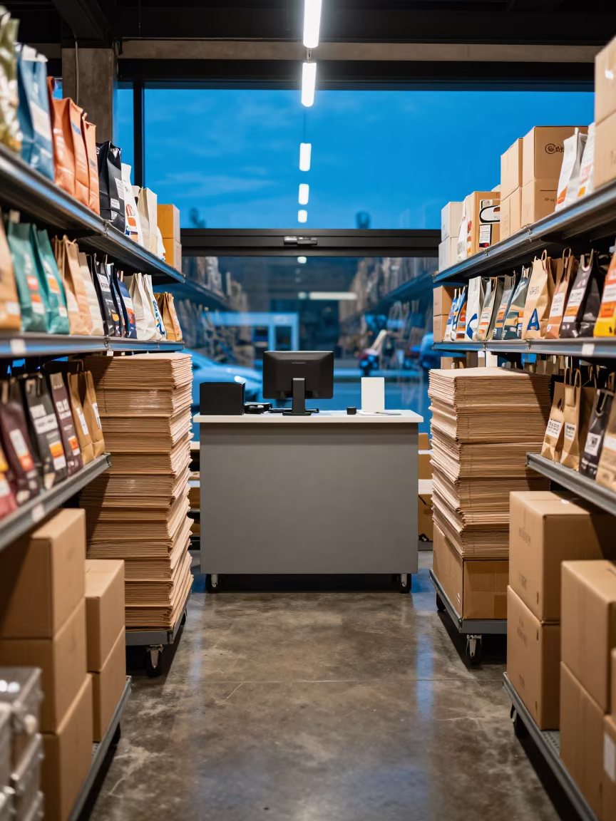 Evening Wholesale Checkout with Bulk Packs in at a cash wrap counter with bags stacked nearby in Sydney