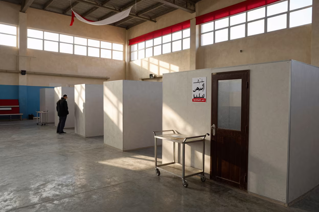 Evidence Cart Rolling Past Defender Office in Basra Gym in inside a polling station gymnasium in Basra