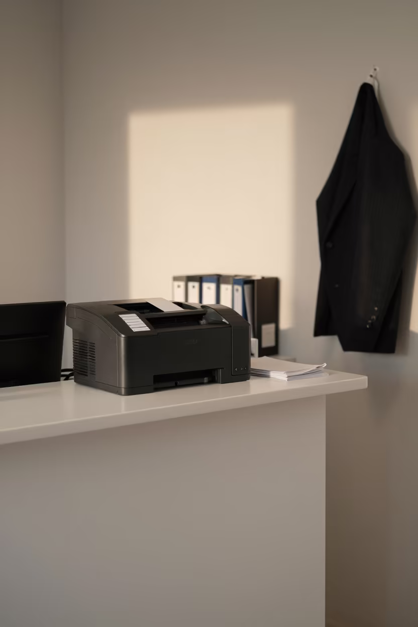 Evora Office Badge Printer Station Afternoon in at an office reception desk in Evora