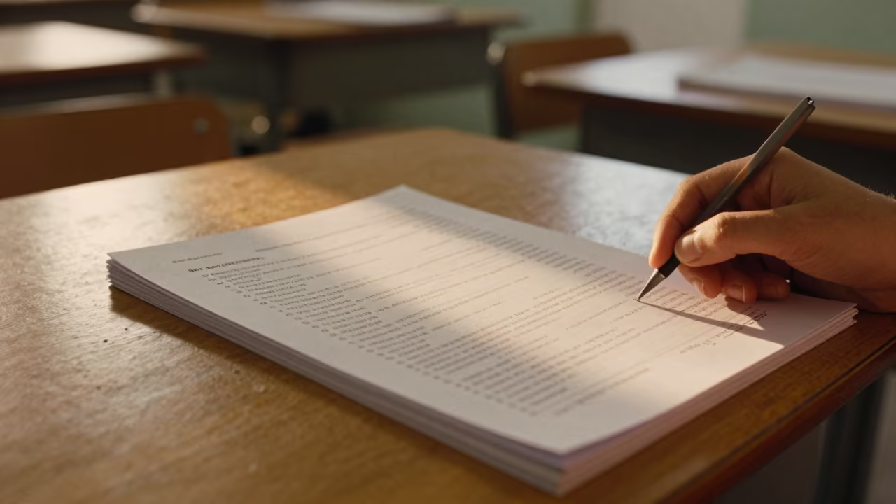 Exam Booklet Beside Trembling Hand in inside an art classroom in George Town