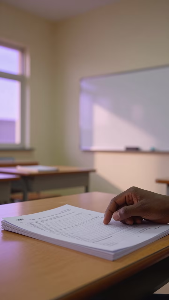 Exam Booklet Beside Trembling Hand in Johannesburg Classroom in inside a quiet classroom near Johannesburg