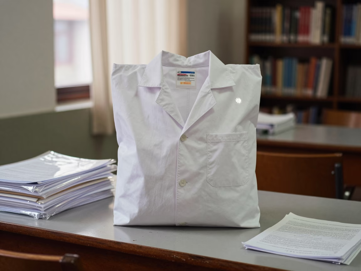 Exam Gown Tote Restock Library Table Cusco in on a dusty library table near Cusco