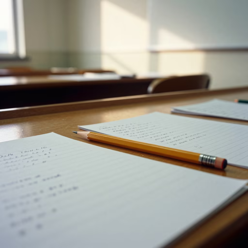 Exam Pencils on Seminar Table in Chengdu in at a seminar table covered in notes in Taikoo Li, Chengdu