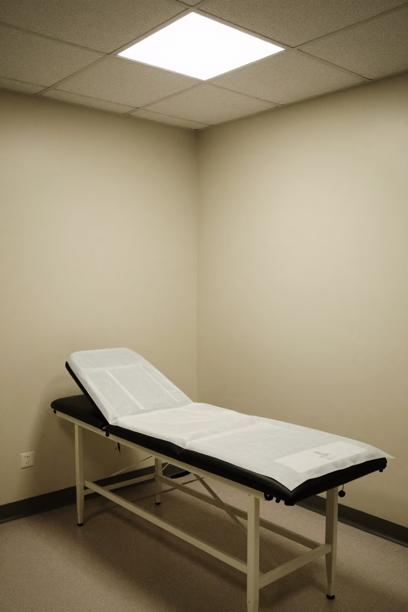 Exam Room With Fresh Paper Under Noon Skylight in inside a rehabilitation gym near Guantánamo
