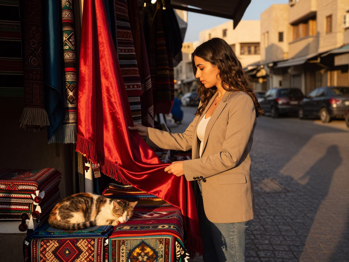 Examining Textiles in Amman in in Amman, Jordan