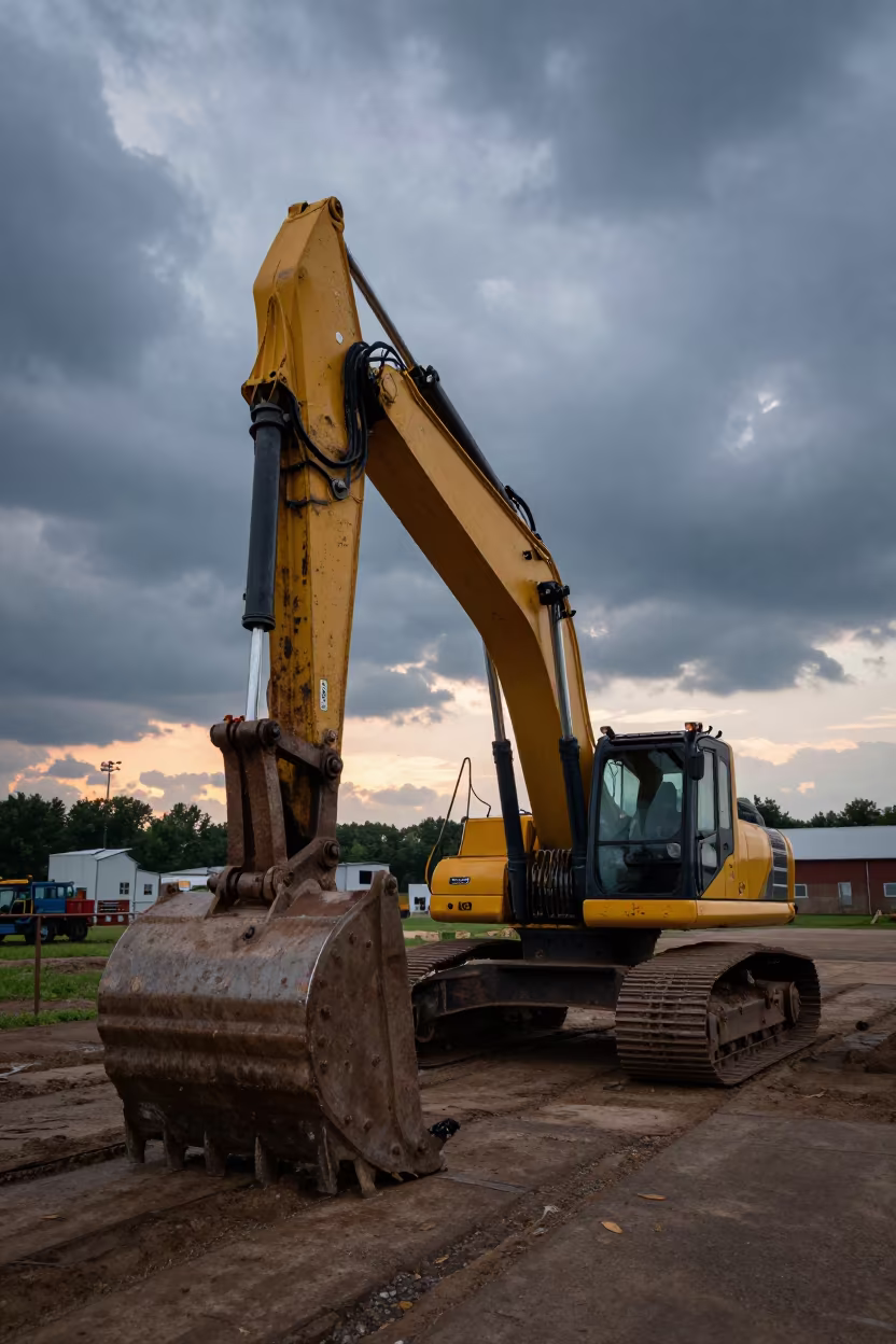 Excavator in Bottling Hall Under Evening Light in in Pennsylvania