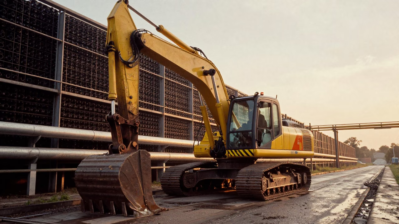 Excavator in Bottling Hall Golden Hour in along a service road lined with pipes near Malmo