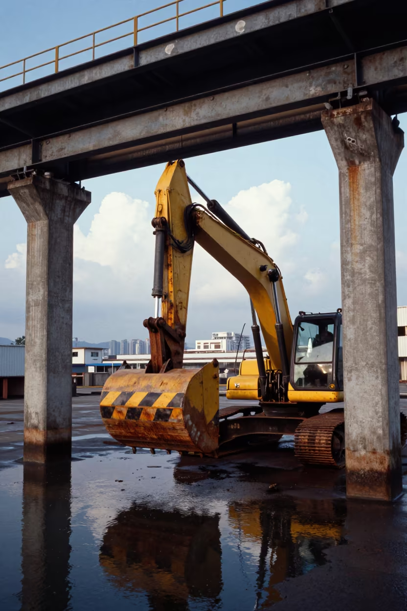 Excavator in Bottling Hall Under Late Afternoon Light in near Kennedy Town, Hong Kong