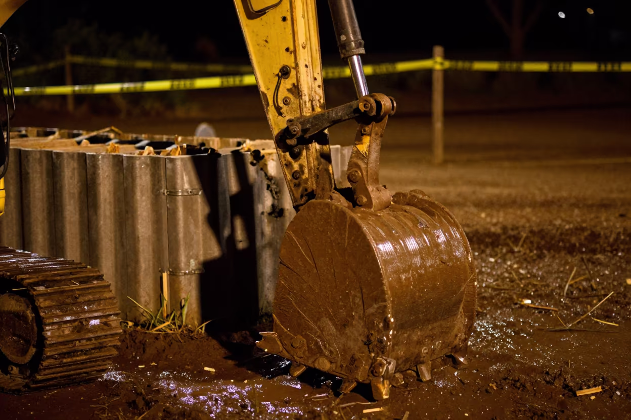 Excavator Bucket Beside Trench Box After Rain in inside a taped-off excavation edge in Uyo