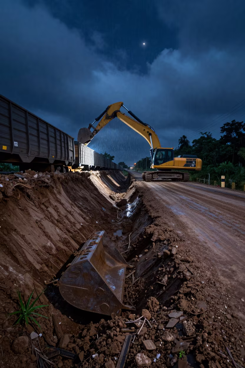 Excavator Bucket and Train Car in Amazon Rain in at a muddy site access road in the Amazon