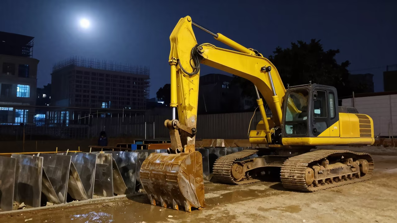 Excavator Bucket and Trench Box in Night Fog in beside a framed building shell near Hanoi