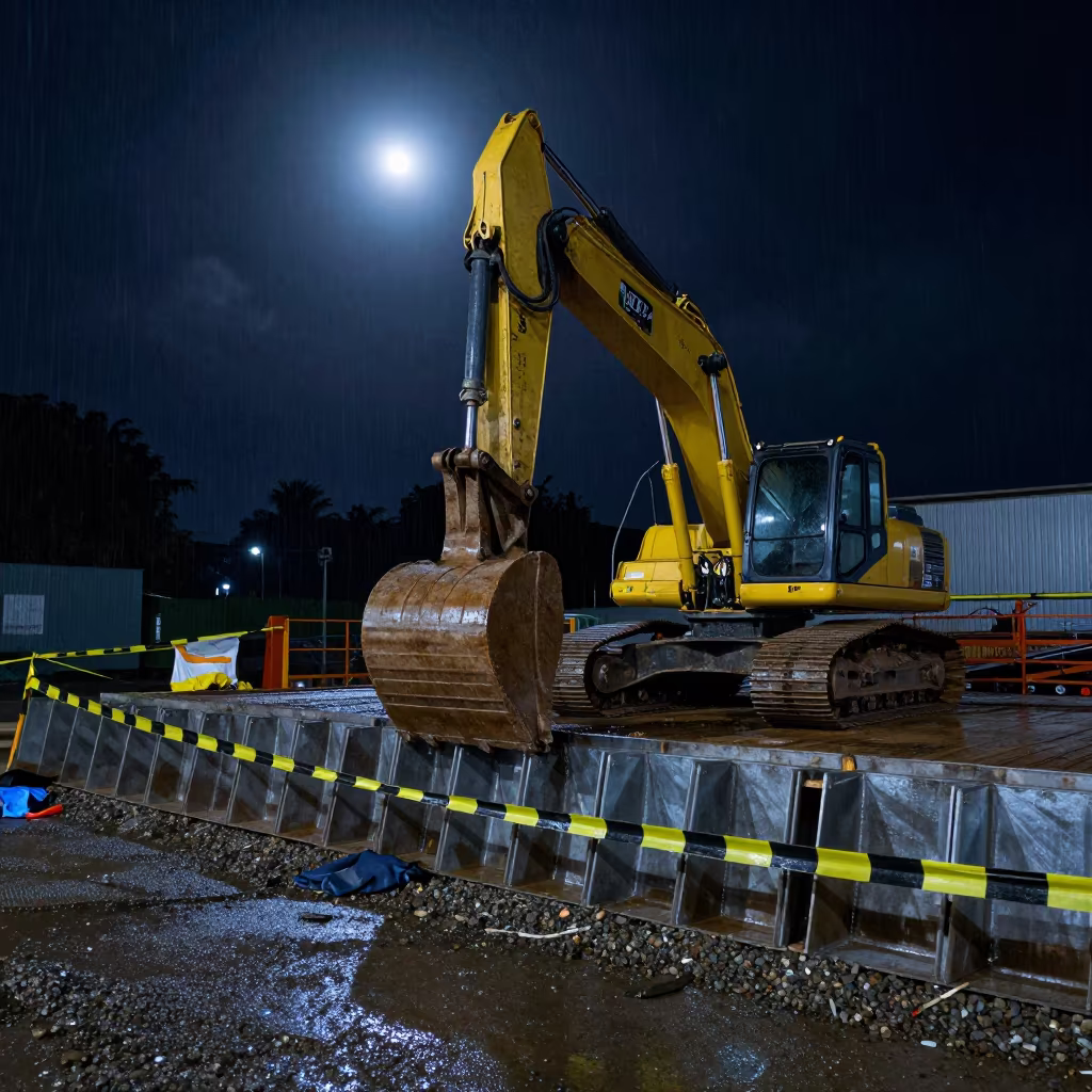 Excavator Bucket and Trench Box in Night Rain in on an active construction deck in Mauritius