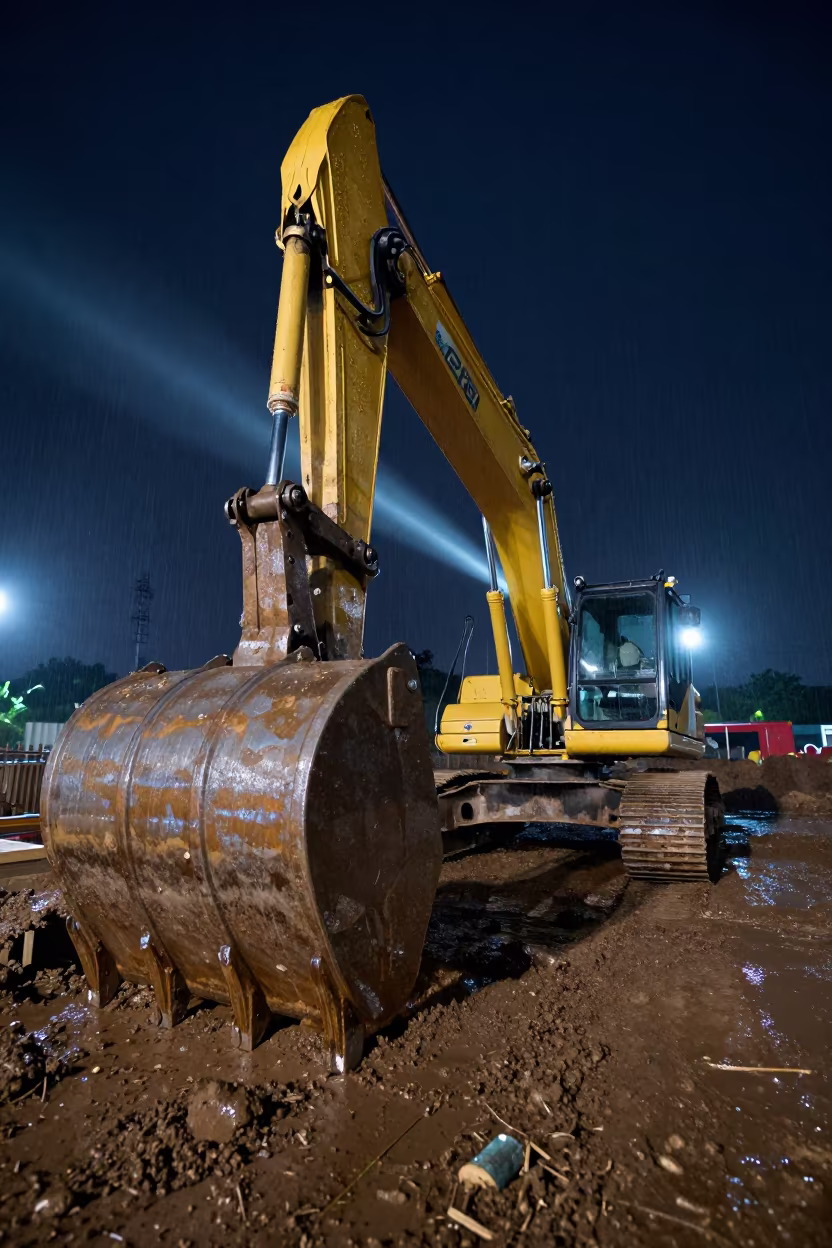 Excavator Bucket Near Trench Box After Rain in on an active construction deck in Da Nang
