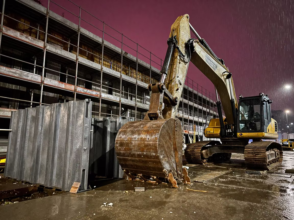 Excavator Bucket Beside Trench Box Night in along a scaffolded facade in Sofia