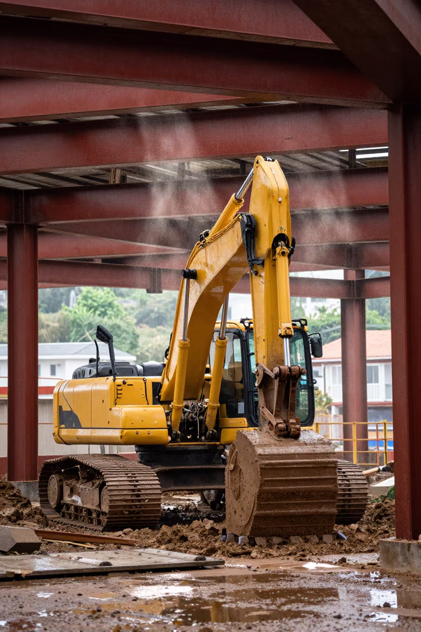 Excavator Digging Foundation in Asturias Steel in beside exposed structural steel in Asturias